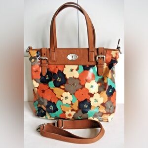 FOSSIL Key-Per Floral Coated Canvas Bag with Leather Trim Handbag